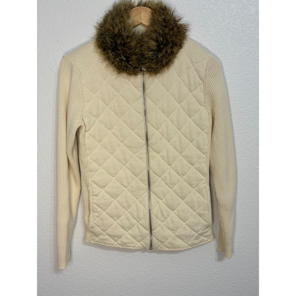 Lauren Ralph Lauren Quilted Faux Fur Collar Zip Cardigan Sweater Cream Womens L